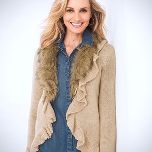 Chico's Open Ruffle Cardigan 1 Faux Fur Beige 8 10 Long Sleeve Sweater M Top